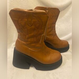 Tan Platform Mid Calf Faux Leather Western Boots